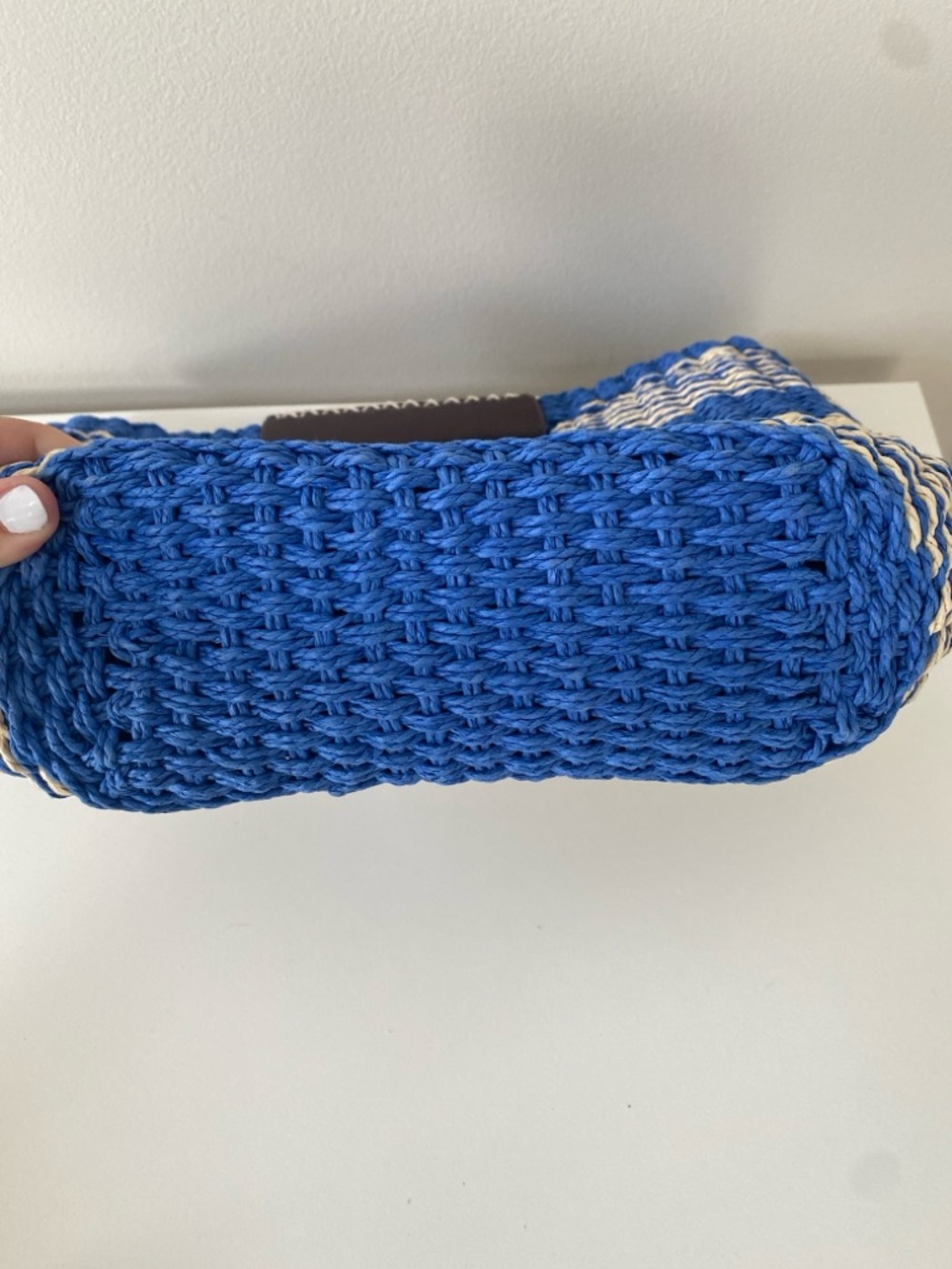 Scoop Nantucket Blue and Cream Woven Tote with Brown Handle - Picture 8 of 8